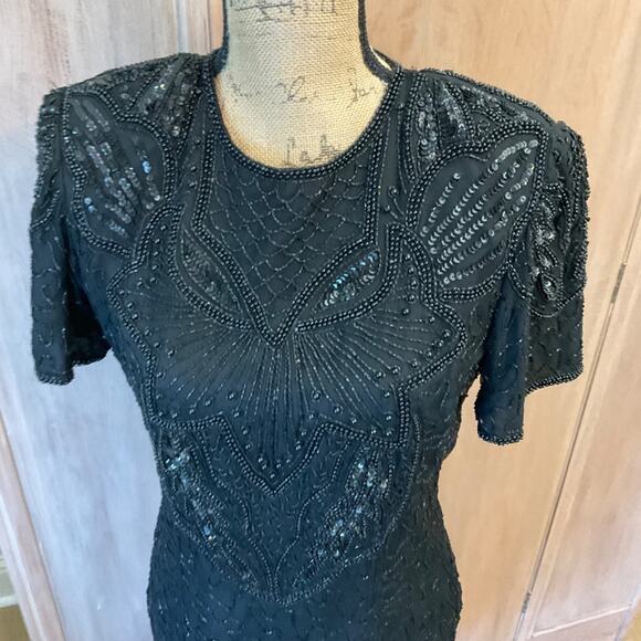 Vintage Adriana Papel evening black beaded sequin silk midi dress cocktail sz 8 - Picture 15 of 16